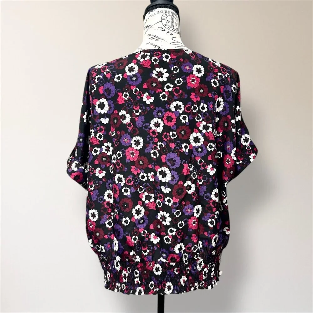 Michael Kors L Floral Blouse Smocked Waist Oversized‎ Top Gold MK Logo Boho